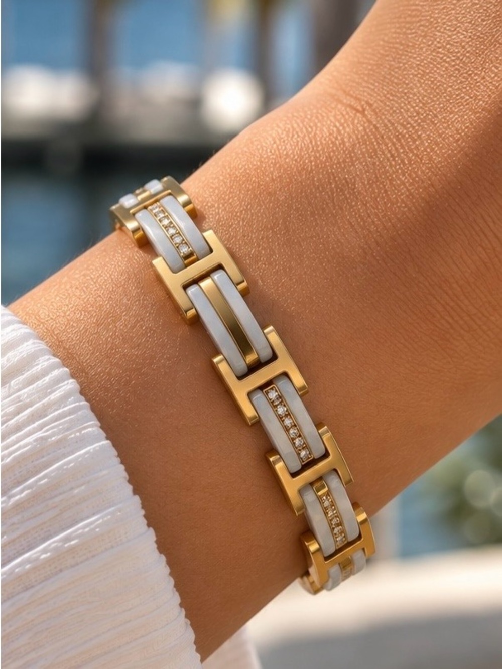 White Ceramic Bracelet 8β Adjustable Gold Filled AAA CZ